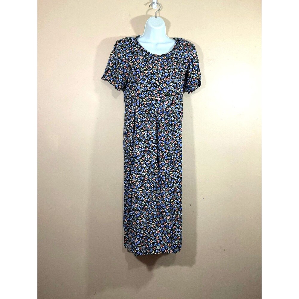 Vintage Floral Midi Dress Womens M Blue Cottagecore 90s Back Tie Prairie Party